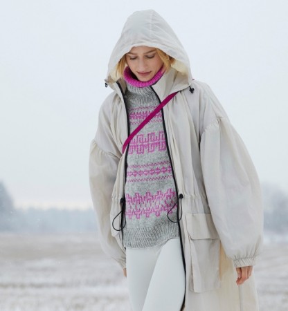 425-9 Fjære genser Grå / Rosa Fivel Strikkepakke Rauma Garn